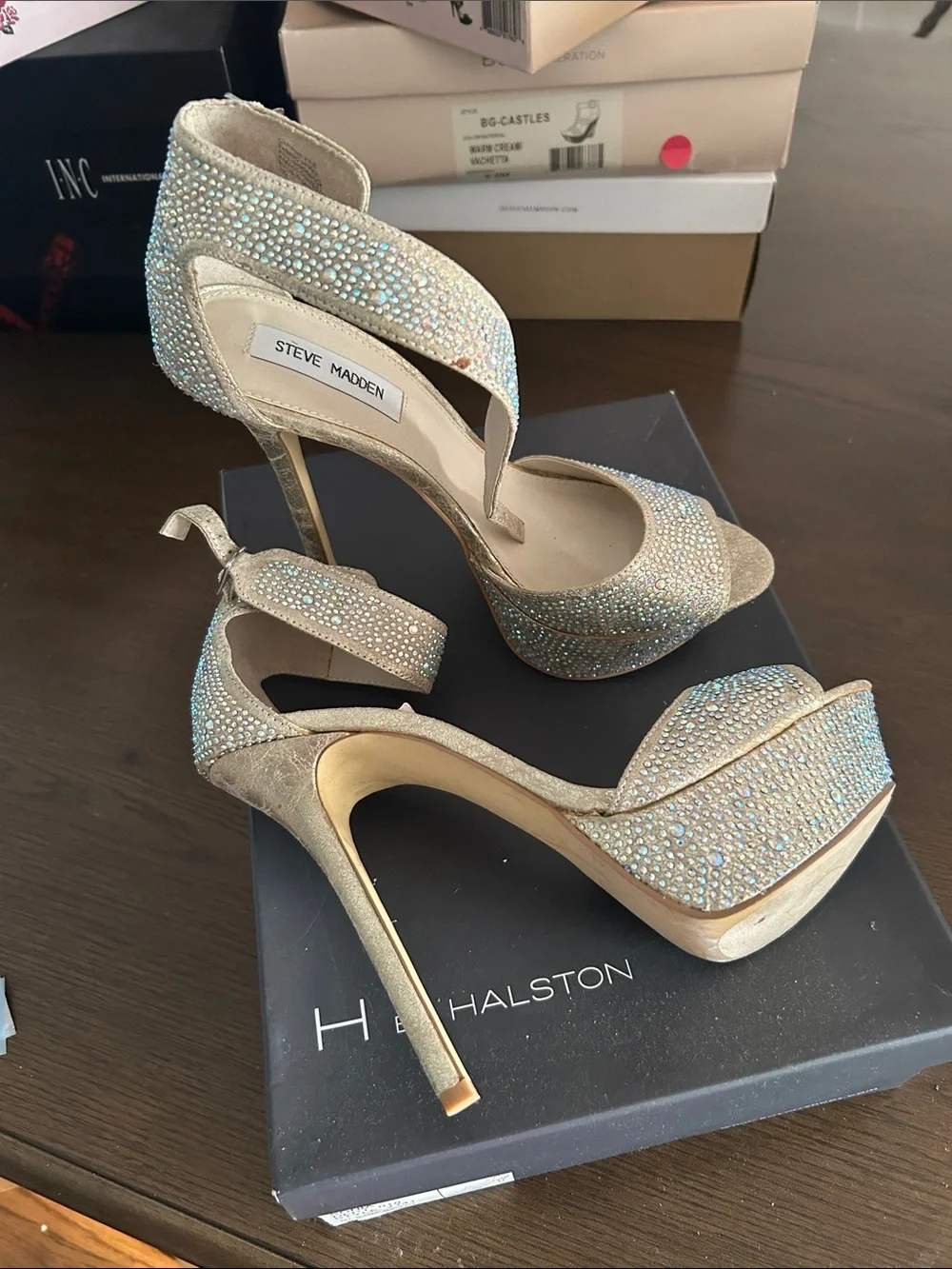 Steve Madden Champagne Crystal Platform Stiletto Sandals